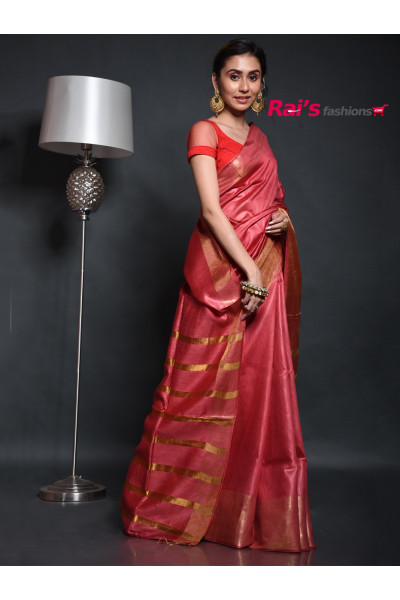 Handloom Munga Silk Saree With Golden Zari Border And Contrast Golden Zari Stripes Design Pallu (KR66)